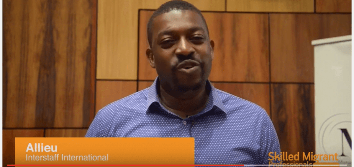 Screenshot of YouTube video of Interstaff's Allieu speaking at the Skilled Migrations Professional event