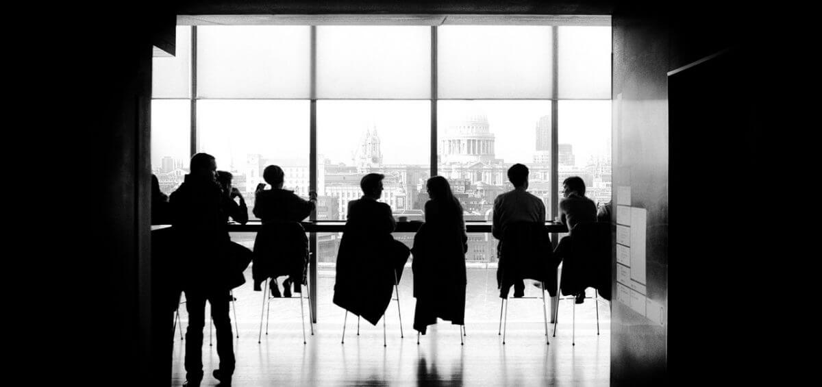 Black and white photo of workplace cafe
