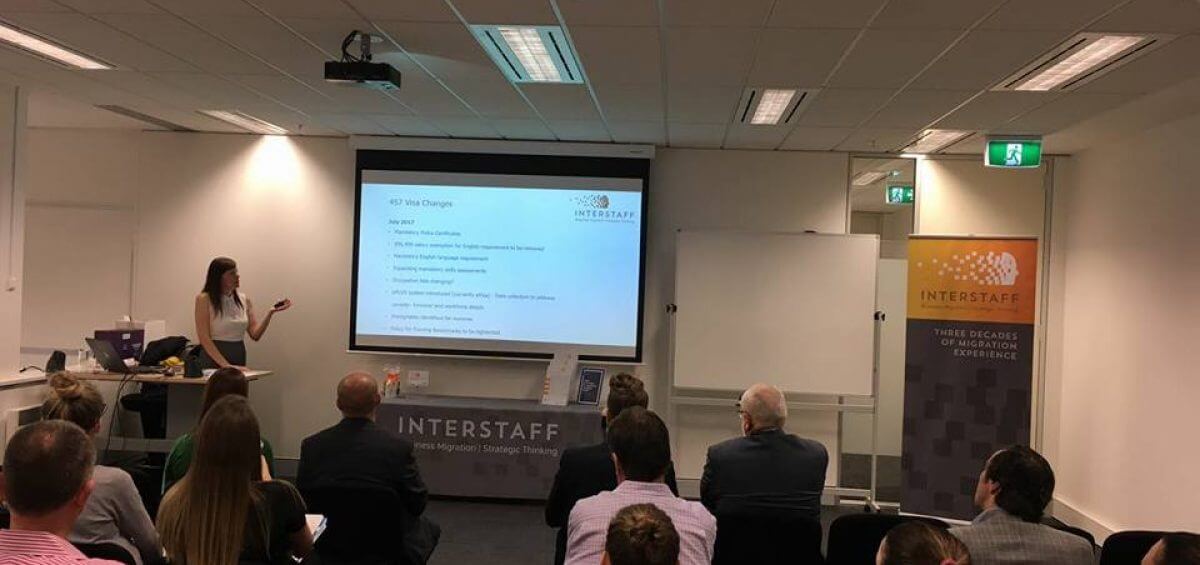 Interstaff's Sheila Woods presenting a presentation on business migration