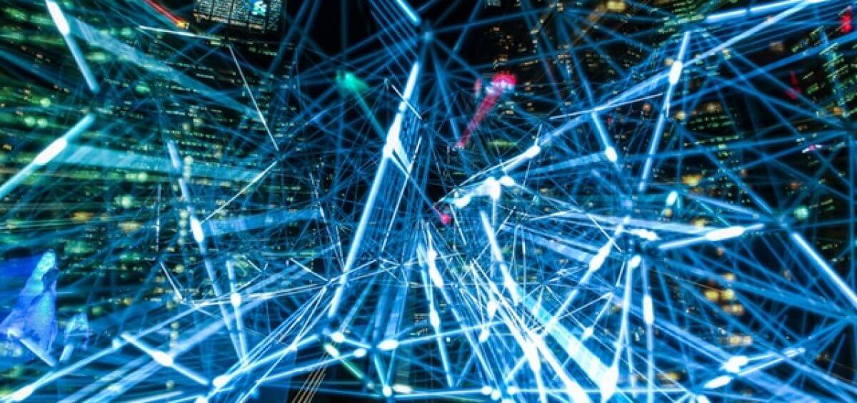 A time lapse of blue lights in an illuminating city